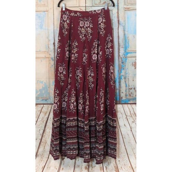 One The Land Womens Size Medium Maroon Rayon Floral Pleated Maxi Skirt - Picture 1 of 10